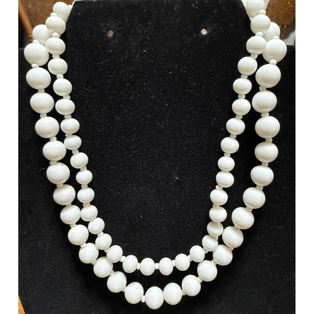 Vintage Miriam Haskell White Glass Bead Necklace Double Strand